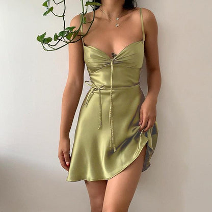 Phoebe Satin Tie-Up Mini Dress - FashionX